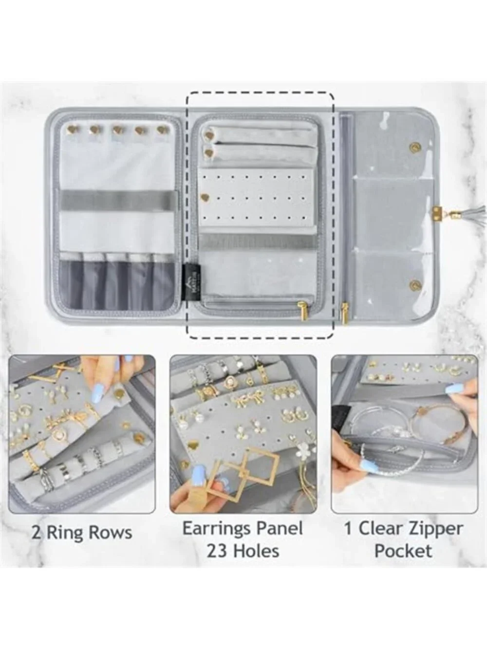 Travel Jewelry Organizer Roll Necklace Ring Earring Storage Case Portable Gray